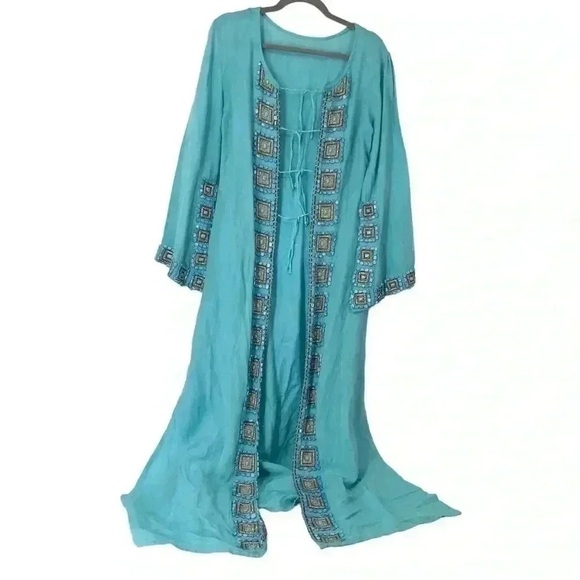 VINTAGE LINEN KAFTAN COVER UP WOMENS ML EMBELLISHED STONE LONG MAXI BOHO RESORT - Picture 12 of 16